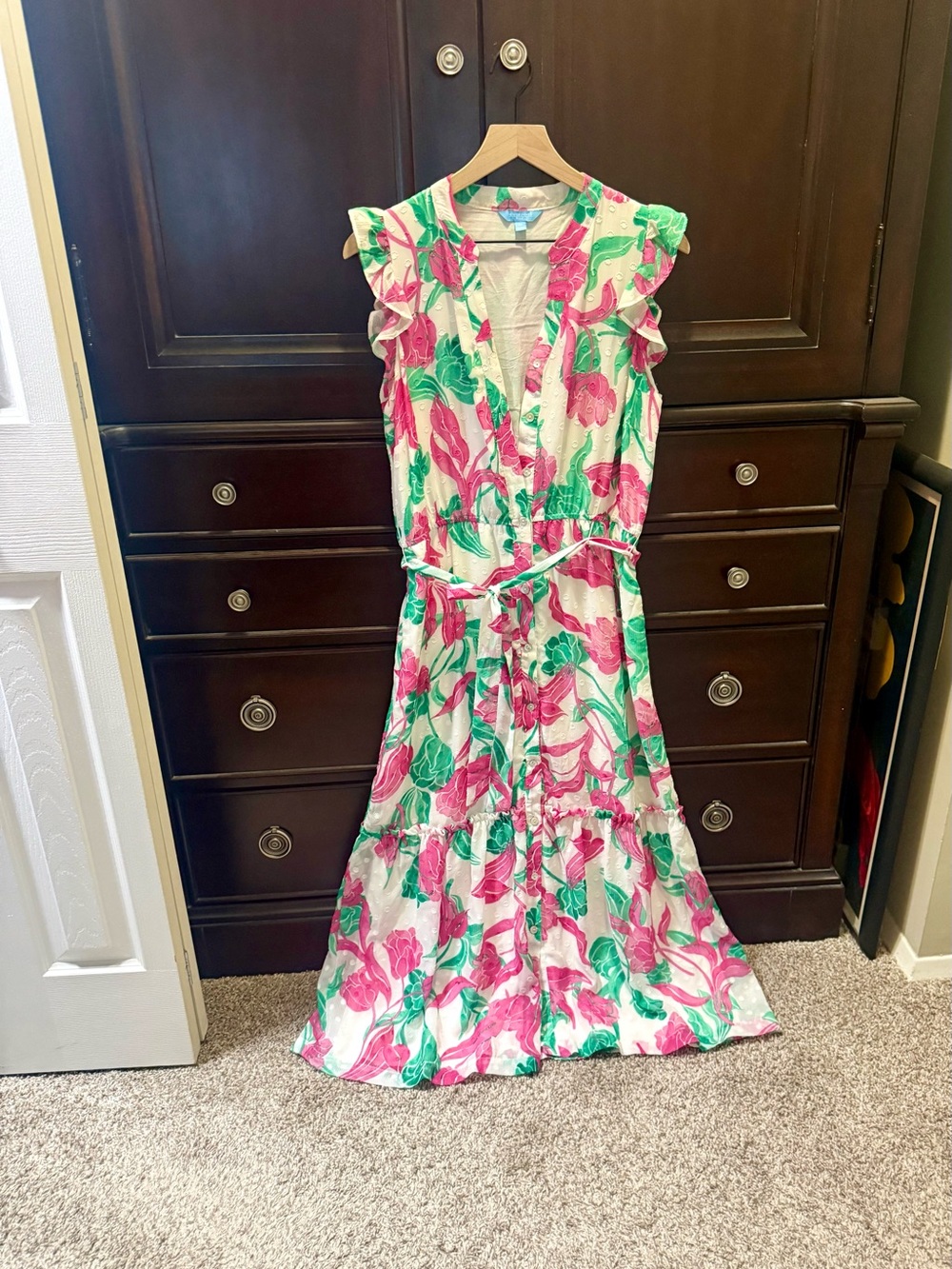 Draper James White Maxi Dress with Pink & Green Floral Print